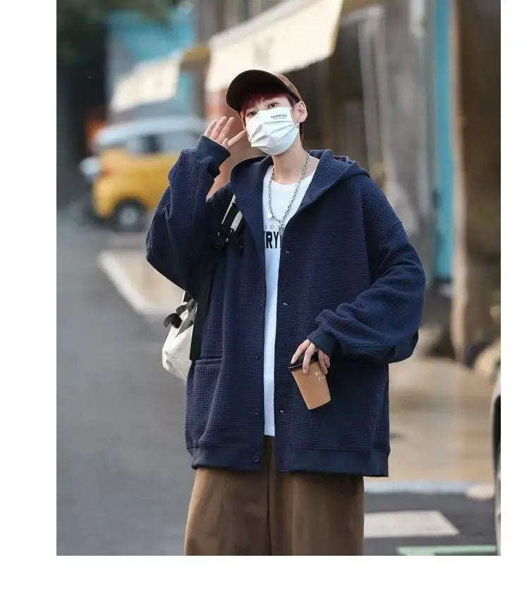 Korean Retro Y2K Waffle Hooded Jacket for Men and Women Ins Harajuku Style Casual Loose