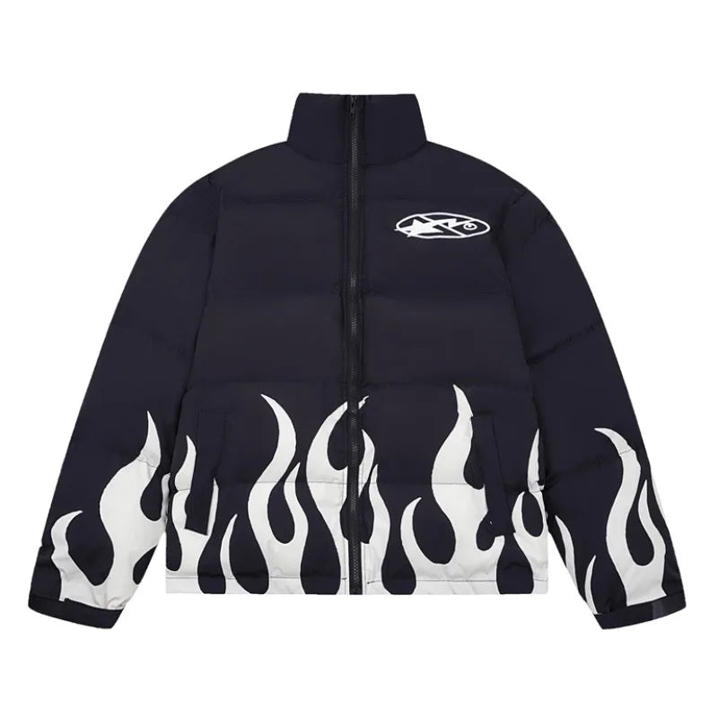 Hip Hop Fire Printed Jacket Parka Streetwear Mens Windbreaker Harajuku New Cotton Padded Zipper Coat Outerwear Hipster black  - variant style ef4b76 for streetwear fashion