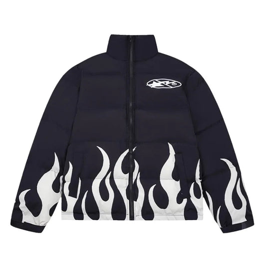 Hip Hop Fire Printed Jacket Parka Streetwear Mens Windbreaker Harajuku New Cotton Padded Zipper Coat Outerwear Hipster black  - variant style ef4b76 for streetwear fashion
