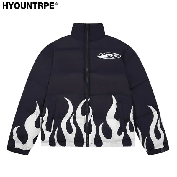Hip Hop Fire Printed Jacket Parka Streetwear Mens Windbreaker Harajuku New Cotton Padded Zipper Coat Outerwear Hipster black  - variant style ef4b76 for streetwear fashion