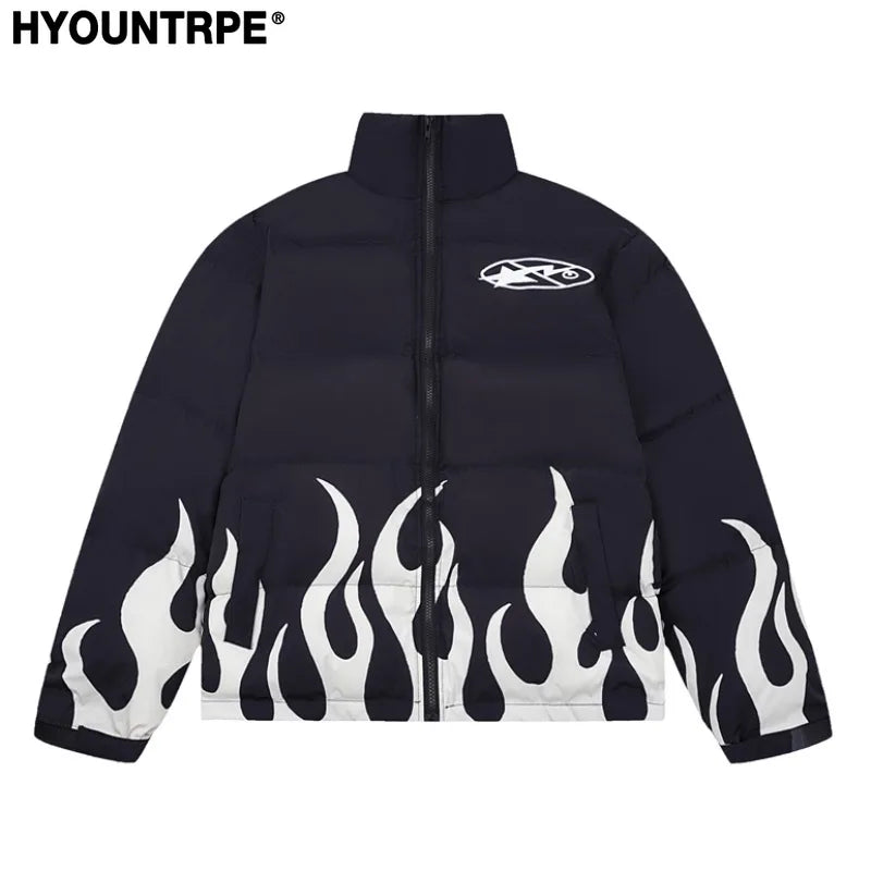 Hip Hop Fire Printed Jacket Parka Streetwear Mens Windbreaker Harajuku New Cotton Padded Zipper Coat Outerwear Hipster black  - variant style ef4b76 for streetwear fashion