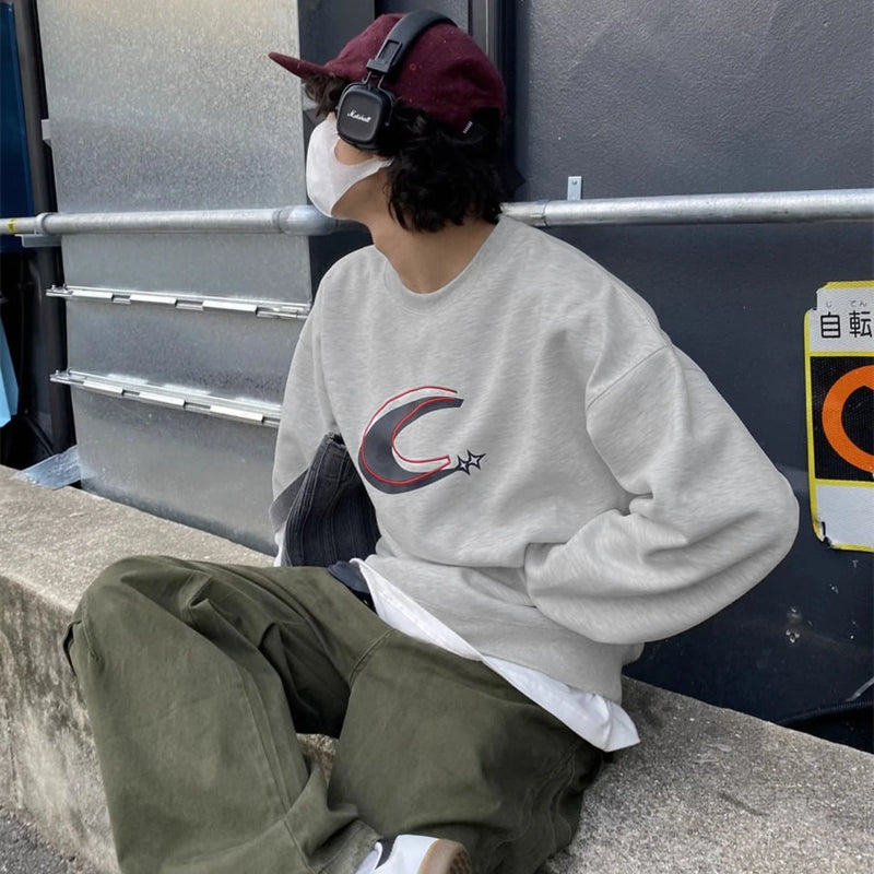 Autumn Winter Personalized Korean Maillard Crescent Moon Contrast Printed Sweatshirts Men Women Y2K Casual Retro Jacket Tops