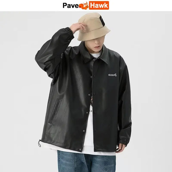 Mens Leather Bomber Jacket Women Hip Hop Letter Motorcycle Loose Casual PU Coat Unisex High Street Racing Varsity Black Outwear
