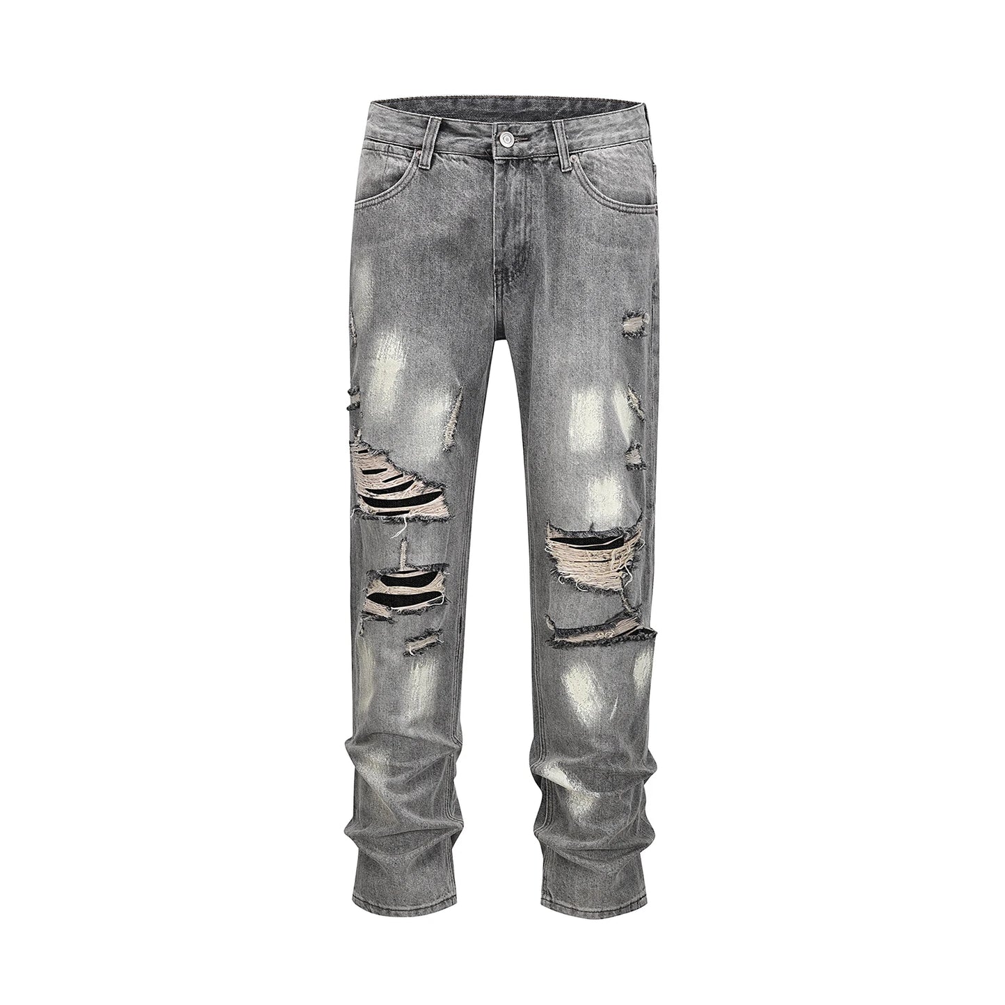distreesed frayed painted casual baggy jeans for men ripped streetwear washed gray denim trousers oversized unisex hole cargos multi-pocket cargos
