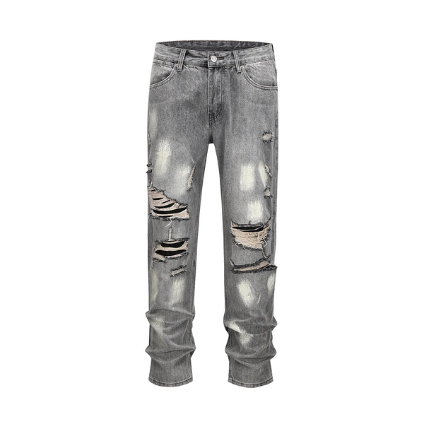 distreesed frayed painted casual baggy jeans for men ripped streetwear washed gray denim trousers oversized unisex hole cargos multi-pocket cargos