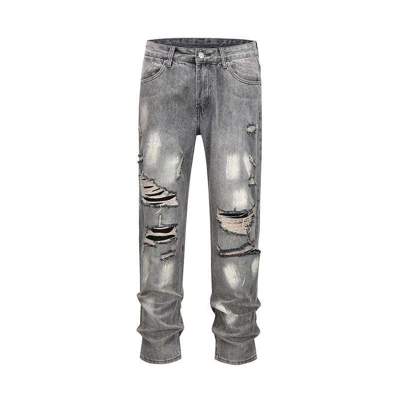 distreesed frayed painted casual baggy jeans for men ripped streetwear washed gray denim trousers oversized unisex hole cargos multi-pocket cargos