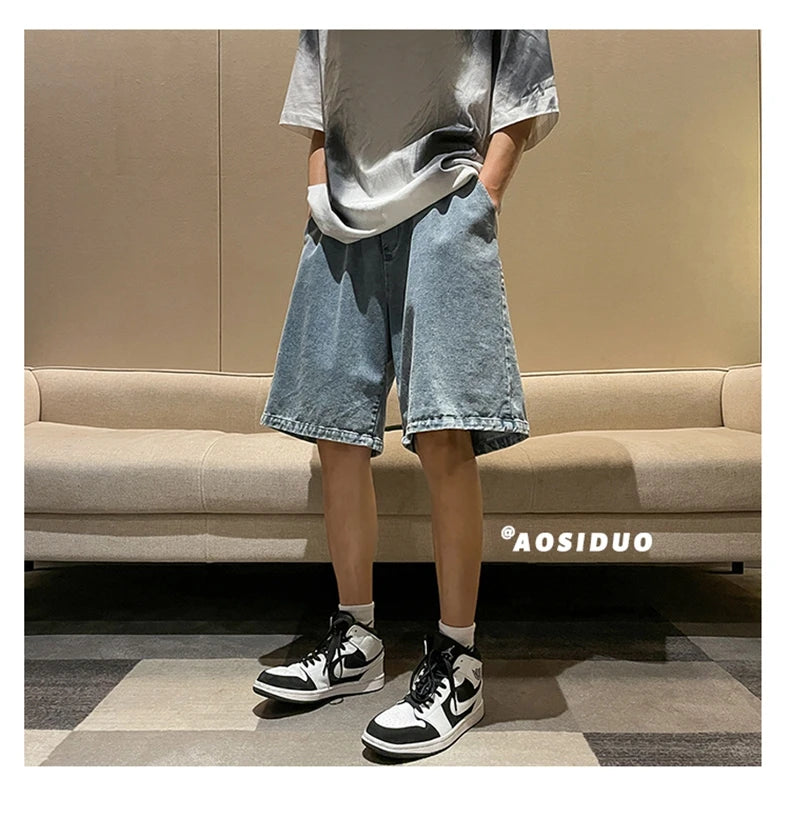 Korean Style Summer Men's Black Wide Leg Denim Shorts 2023 New Fashion Casual Baggy Short Jeans Male Brand Clothes