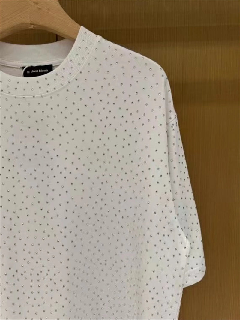 BALCG Style Original Heavy duty Starry Sky Washed Olded Starry Sky Rhinestone Oversized Loose Short sleeved T-shirt White