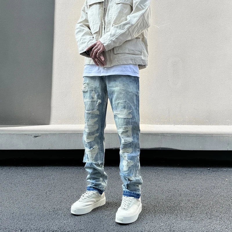 mens high street denim jean pants new casual blue slim ripped holes straight zipper jeans trousers hip hop streetwear joggers unique joggers style 758