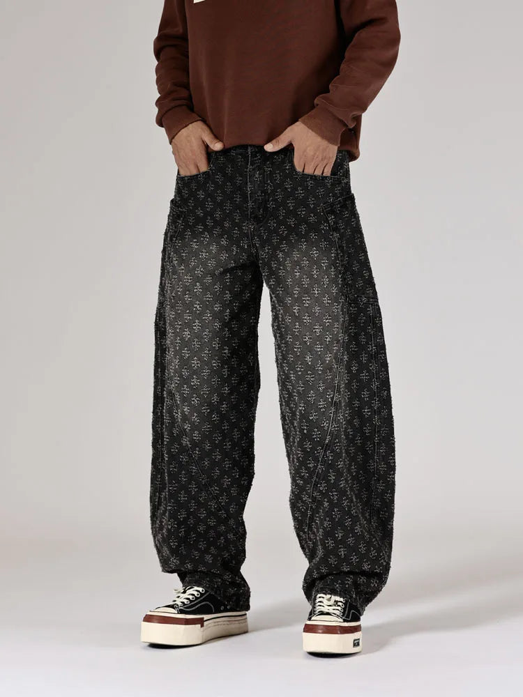 men brand fashion loose casual splice pocket jacquard vintage wide leg baggy jeans cityboy denim baggy jeans pants trousers unique jeans style 2976