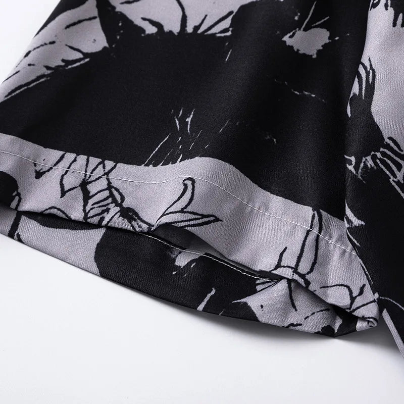 Men Hawaiian Shirt Retro Floral Print Short Sleeve Blouse Hong Kong Style Summer Beach Vacation Tops Casual Loose Shirt Black