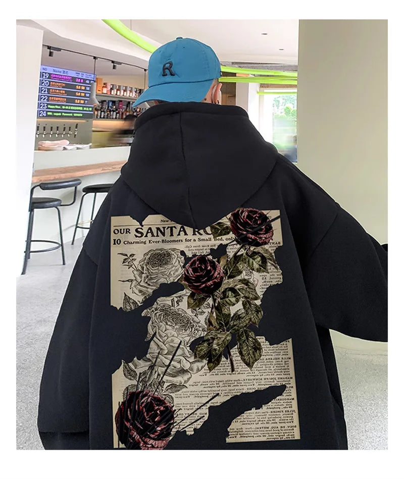 Y2K Vintage Rose Graphic Print Hoodies For Men Goth Fashion Streetwear Clothes Casual Fleece Hip Hop Loose Pullover Sweatshirts