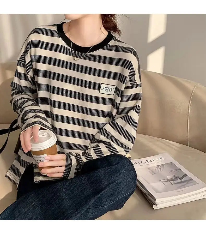 Y2k Vintage print – Design Niche Slit Striped Bottoming Shirt Women Autumn And W