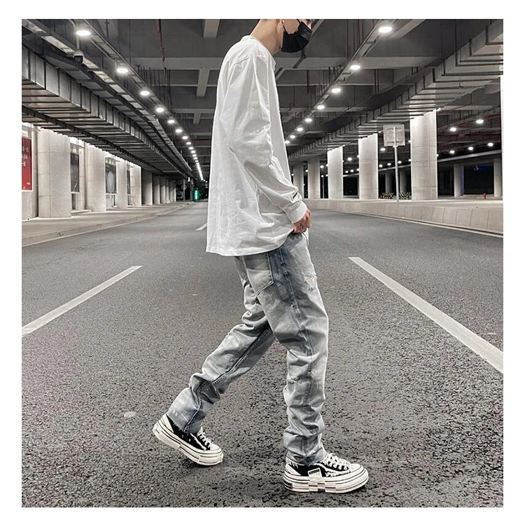 original tie dyed ripped flared denim jean for men streetwear washed hole casual stacked jeans pants mens slim fit jeans 2023 unique jeans style 3741