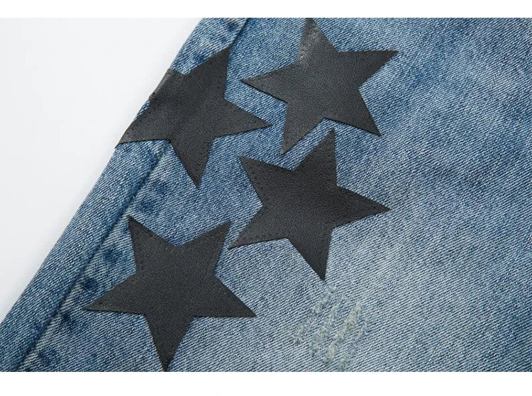 fashion ripped destroied jeans trousers distressed biker jeans with stars high street slim pants joggers denim jeans for men unique joggers style 3264