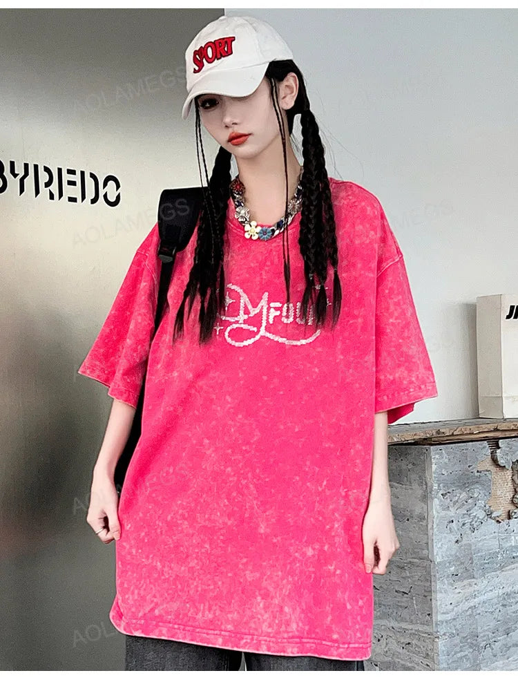 Vaporwave Broken heart – Men Retro T Shirts Rhinestone Wing Washed Short Sleeve T Shi
