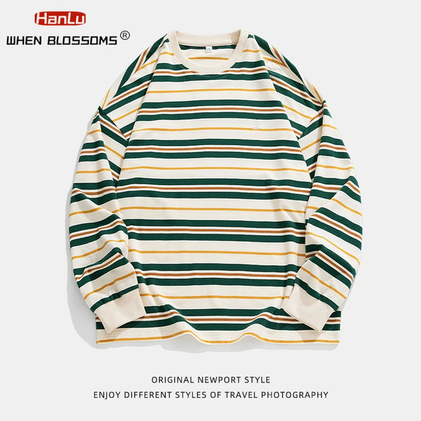 Vaporwave Oversized shirt – Embroidered Striped Contrast Round Neck Cotton Sweatshirts A