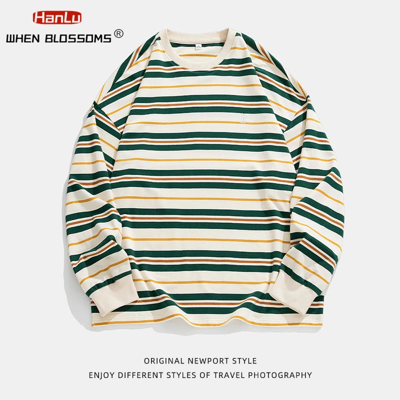 Vaporwave Oversized shirt – Embroidered Striped Contrast Round Neck Cotton Sweatshirts A