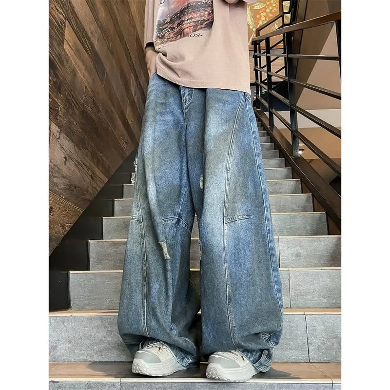 american style dirty and torn hole design straight leg wide leg jeans for men and women high street loose street casual pants stacked flare jeans