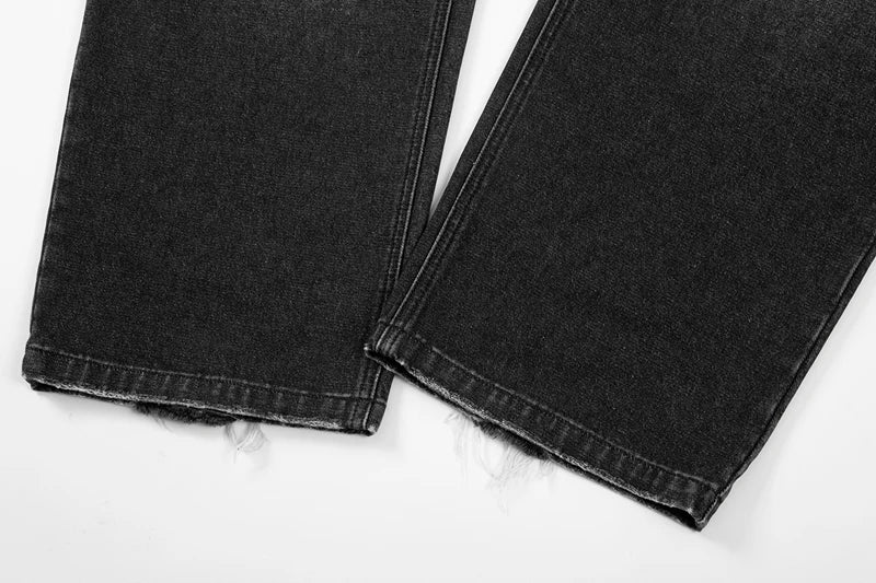 retro black blue straight oversized washed torn jeans solid color ripped jeans baggy hip hop destroyed men wide leg jeans pant unique jeans style 4827