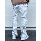 high street black white straight zipper becomes slightly flared denim jeans harajuku casual hip hop cashew flower jeans for men vintage washed jeans