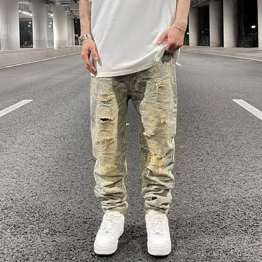fashion paisy denim jeans mens destoryed holes zipper jeans pants hip hop streetwear new summer casual joggers loose jeans pants sporty tapered joggers
