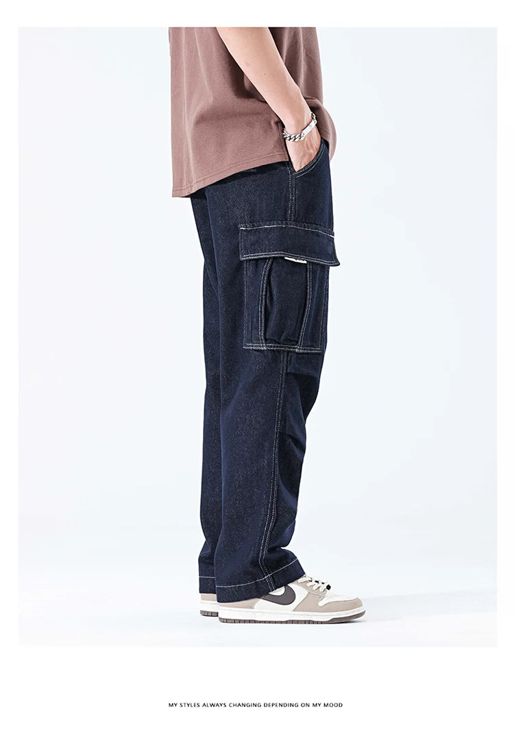 men autumn summer streetwear fashion plus size loose casual straight cargo jeans pant campus boy jeans trousers unique cargo style 2391