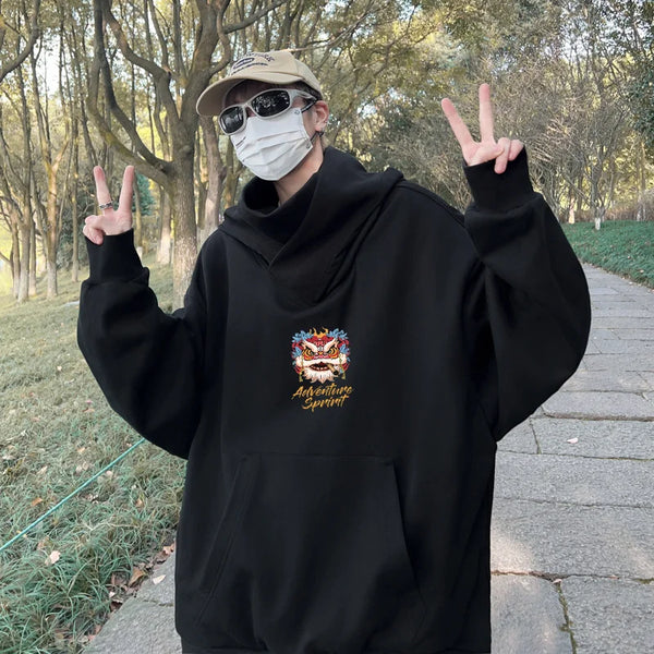 Autumn Lion Dance Graphic Ninja Hoodie Men Fleece Pocket Turtleneck Ov