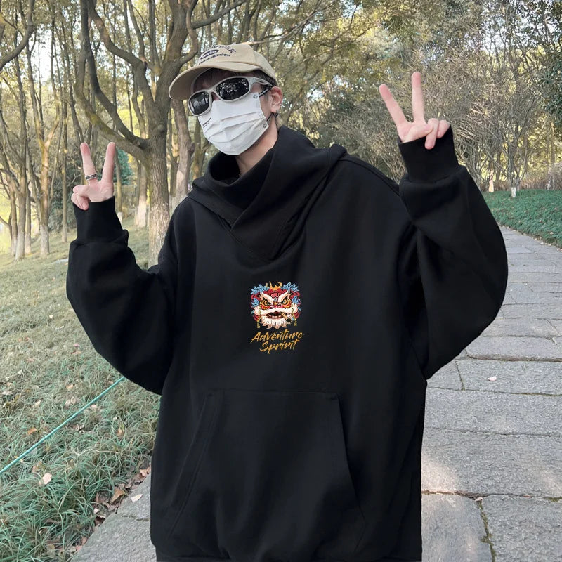 Autumn Lion Dance Graphic Ninja Hoodie Men Fleece Pocket Turtleneck Ov