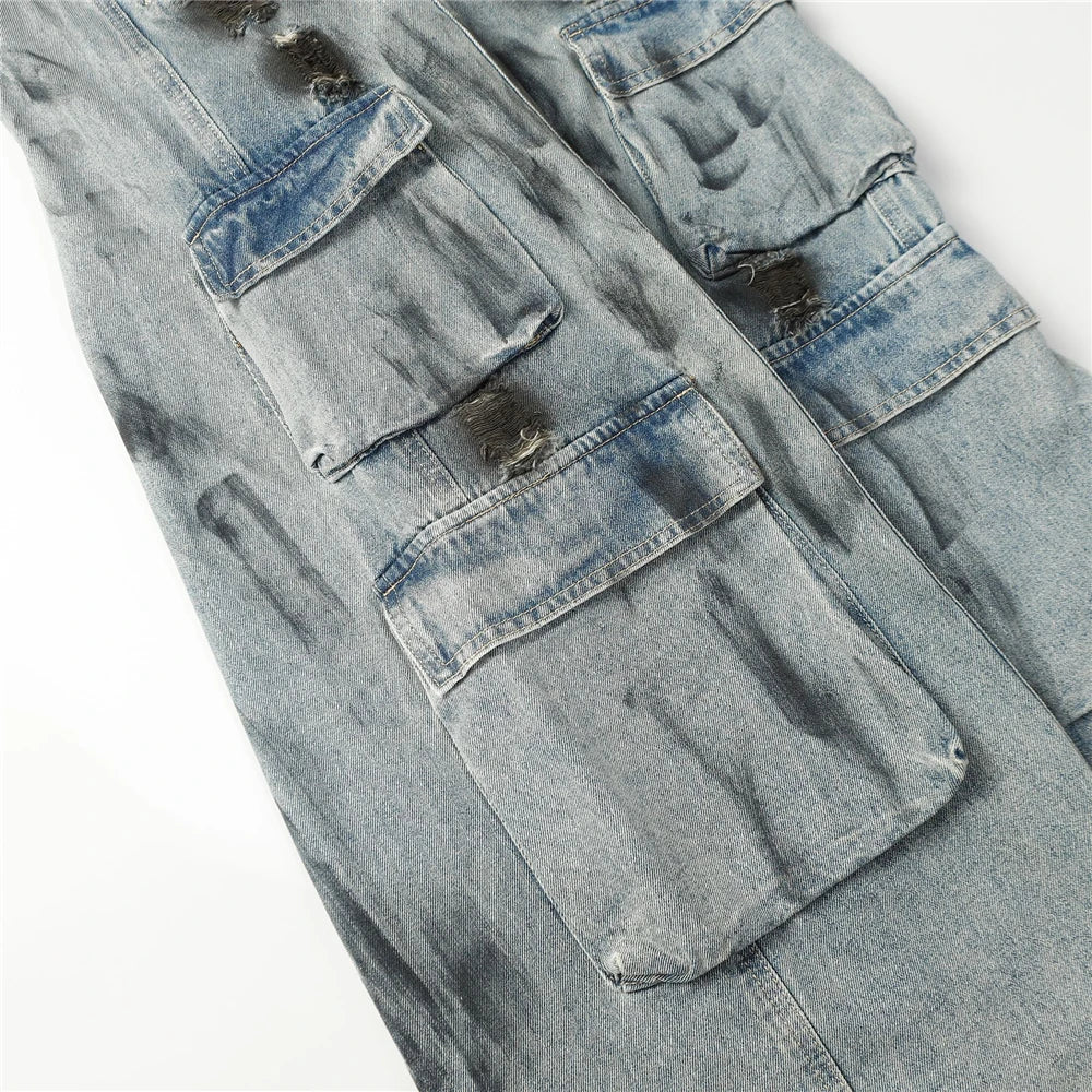 vintage multi pocket jeans mens harajuku cargo denim pants retro hip hop straight loose jean pants men clothing unique cargo style 1290