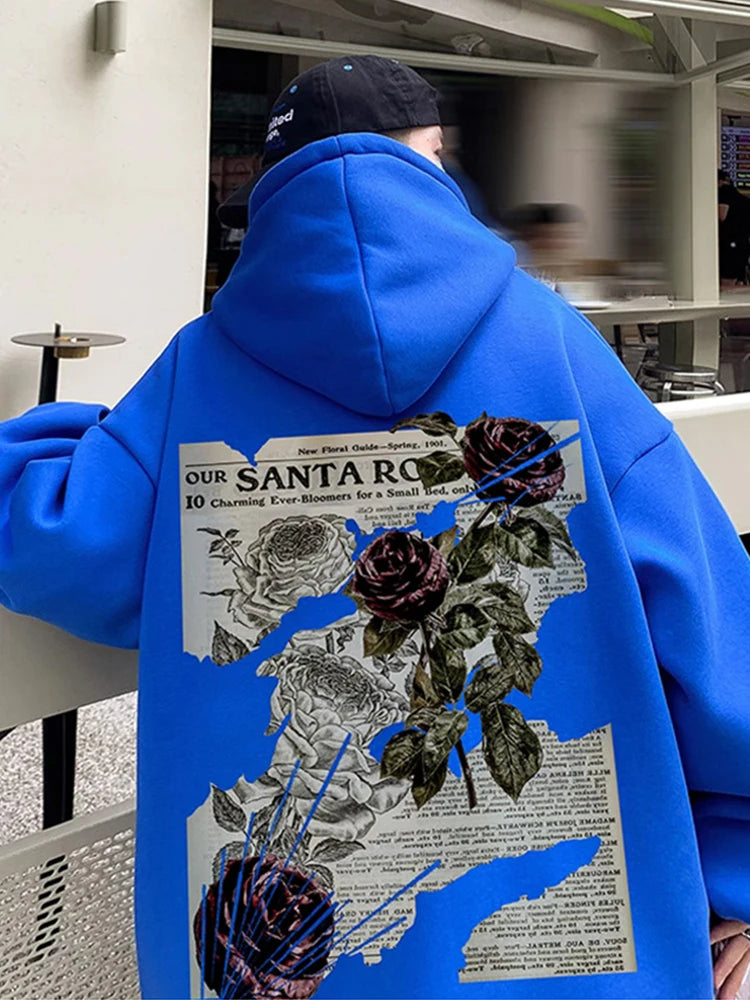 Y2K Vintage Rose Graphic Print Hoodies For Men Goth Fashion Streetwear Clothes Casual Fleece Hip Hop Loose Pullover Sweatshirts