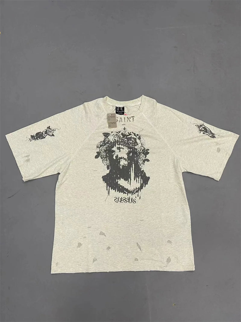 grunge graphic tee featuring vintage 2024 print retro high street portrait graffiti print destroys mens washed and worn loose t shirt
