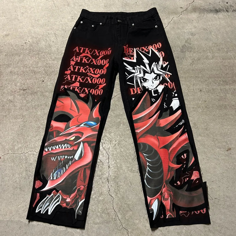 harajuku y2k baggy jeans the winged dragon of ra print wide leg denim pants popular anime jeans streetwear trouser men clothing unique jeans style 5696