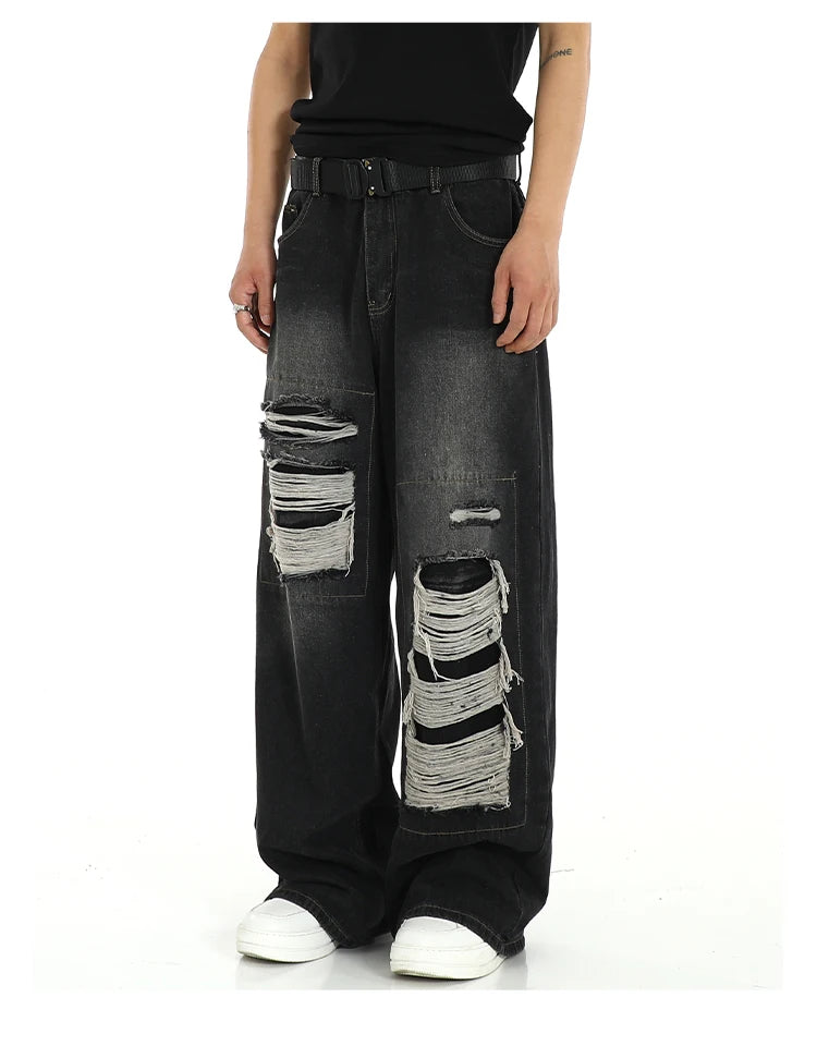 fashion ripped holes denim jeans harajuku patchwork straight jean trousers y2k trouser mens hip hop streetwear baggy jeans pants unique jeans style 4599