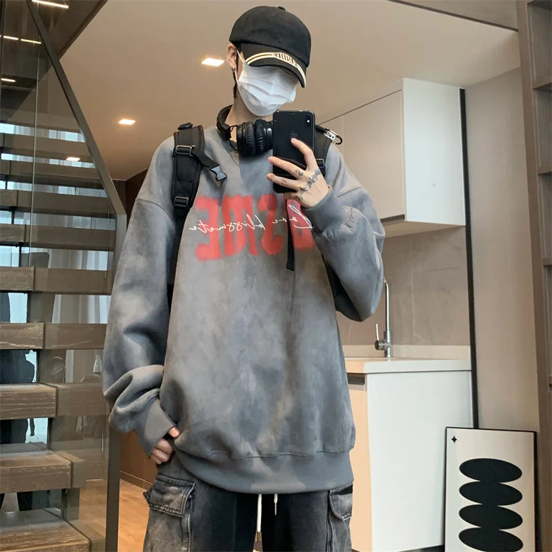 New In Letter Printed Suede Sweatshirts For Men Autumn Y2K Streetwear