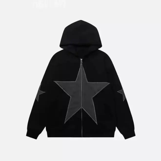 European American Casual Y2K Personalized Five-pointed Star Hoodie Trend Ins Retro Loose Y2k Zipper Sweatshirt for Men and Women