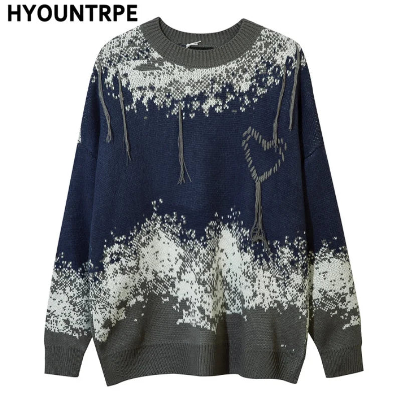 hip hop knitted pullover, bold design pullover, cozy fashion fit, stylish street outfit, modern aesthetic appeal