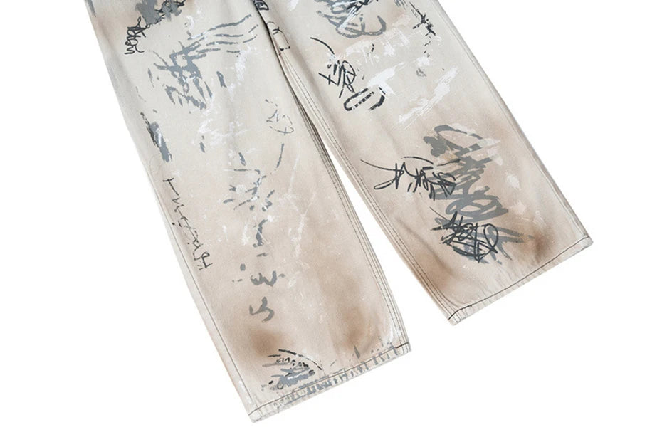 men hip hop baggy jeans graffiti printed loose straight denim pants dirty washed streetwear fashion jeans trousers white unique jeans style 575
