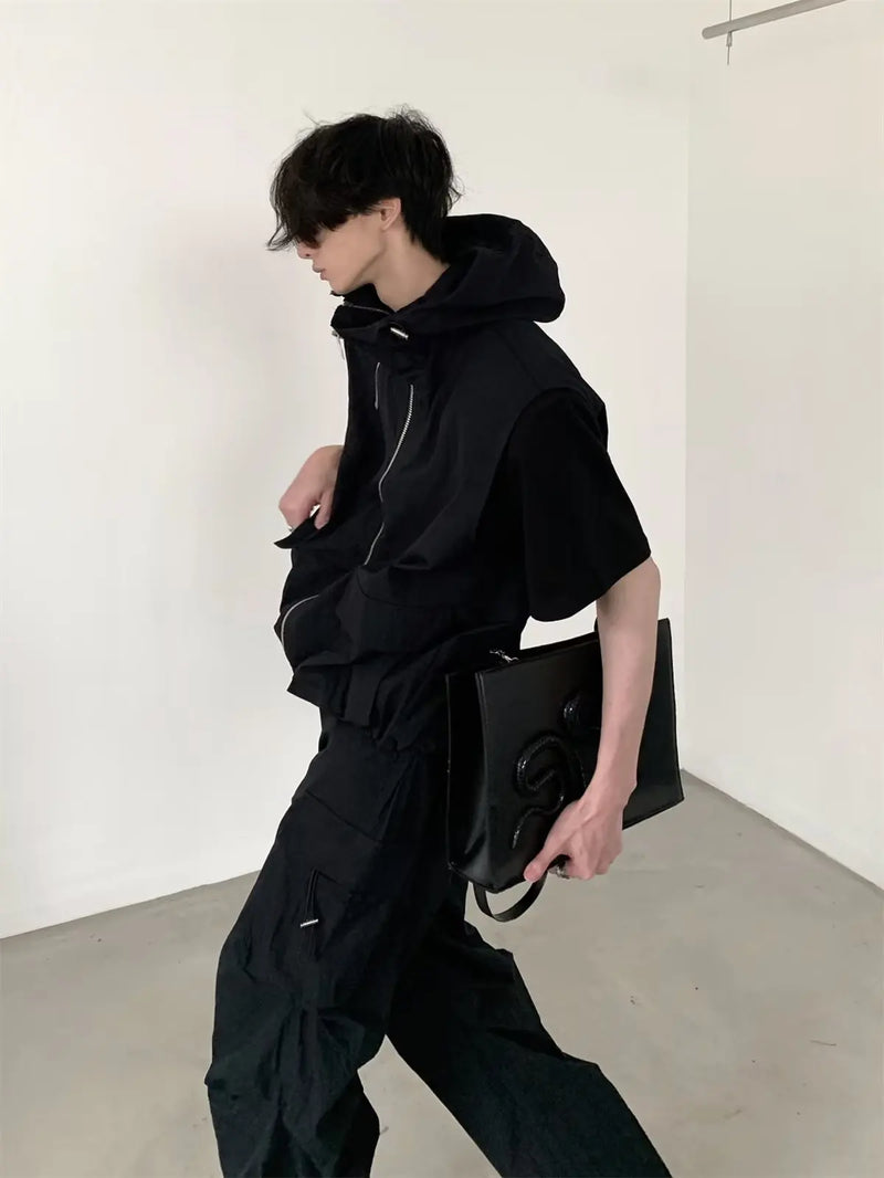 summer sleeveless set men women multi pocket hooded vest jogging cargo pant spring loose casual zipper two piece suit street unique cargo style 439