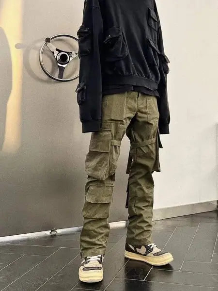 high street multi pockets tooling pants men army green cargo pants hip hop mopping trousers with band unique cargo style 202