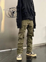 high street multi pockets tooling pants men army green cargo pants hip hop mopping trousers with band unique cargo style 202