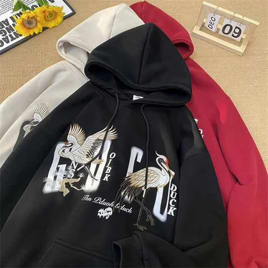 New Chinese Crane Printed Pullover Hoodies For Men Y2K Vintage Oversize