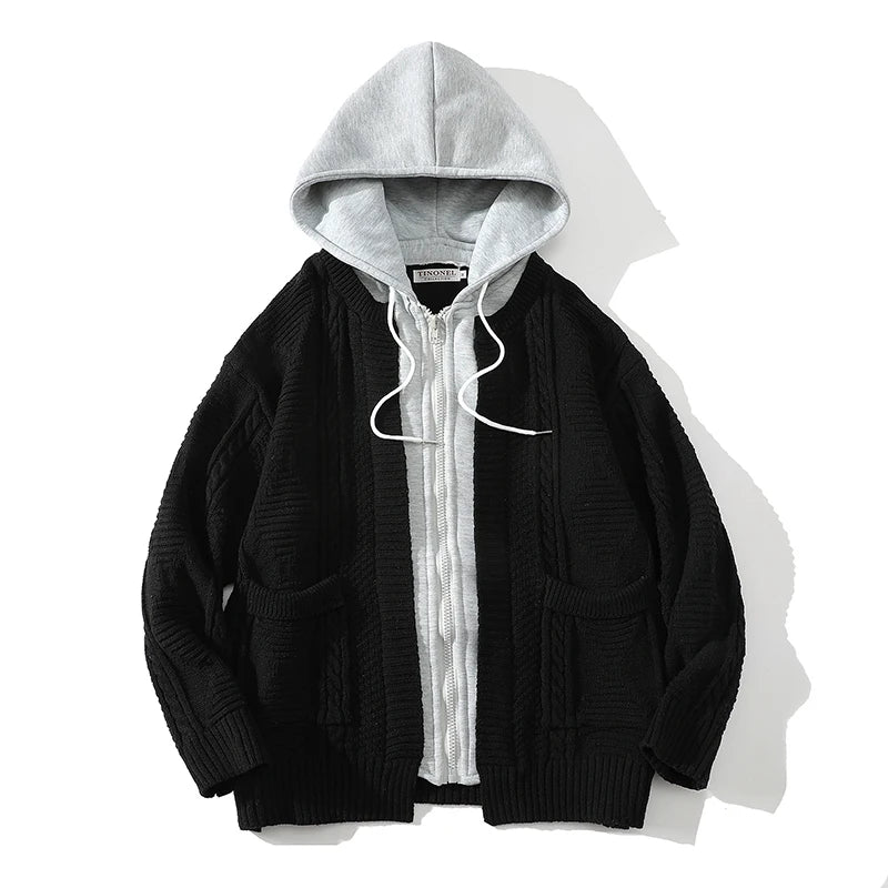 graphic style essential streetwear hip print hop high unisex urban fashion fit material style men-hooded-knitted-cardigan-sweater-coat-autumn-winter-fake-two-piece-hooded-drawstring-jacket-unisex-streetwear oversized image quality casual premium wear - everyday 2ae16e design streetwear design ID 6692b