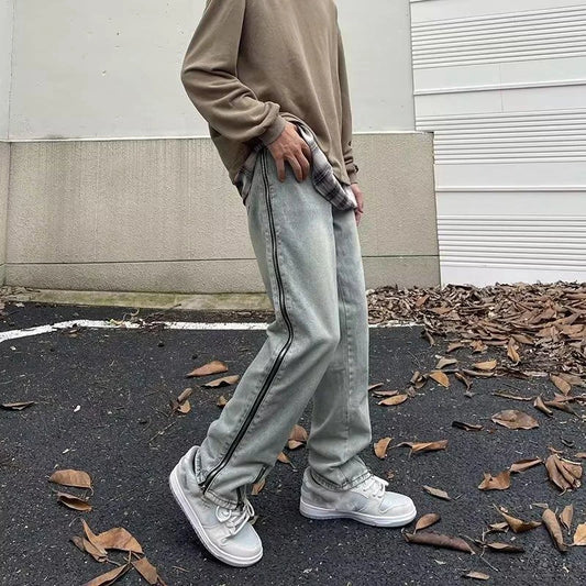 2023 new fashion side zipper hip hop men stretch jeans pants streetwear washed retro straight women denim trousers ropa hombre denim street jeans