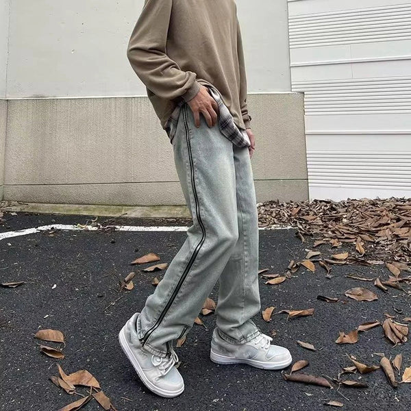 2023 new fashion side zipper hip hop men stretch jeans pants streetwear washed retro straight women denim trousers ropa hombre denim street jeans