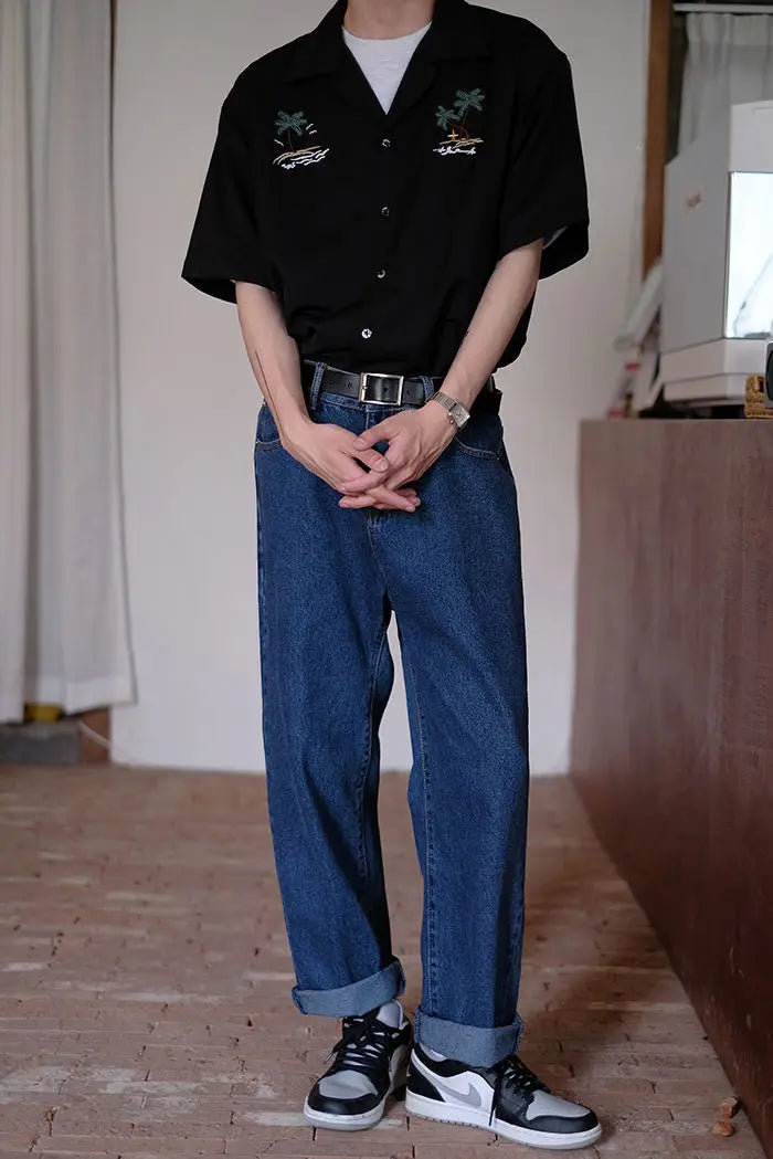 Summer Japanese loose shirt men s coconut tree national trend uban collar ins beach shirt retro trendy brand top shirts for men