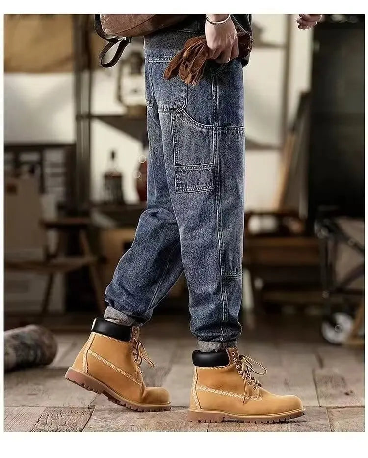 mens loose jeans classic vintage denim trousers high quality cargo pants men high street fashion men clothing spring new 2024 unique cargo style 4253