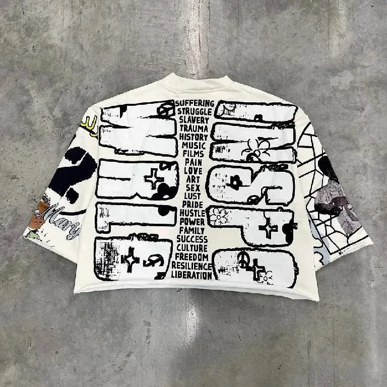 Hip Hop Graffiti Style Graphic Y2k T Shirts Mid Long Sleeve Men Women Punk Printed Harajuku Loose Oversized T Shirt