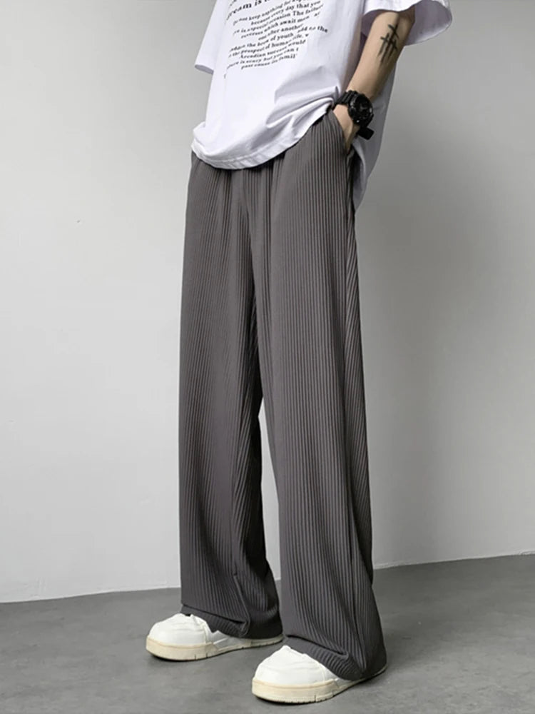 summer texture straight pants for men korean fashion baggy wide leg trousers casual drape pleated striped y2k pantalones hombre unique default style 508