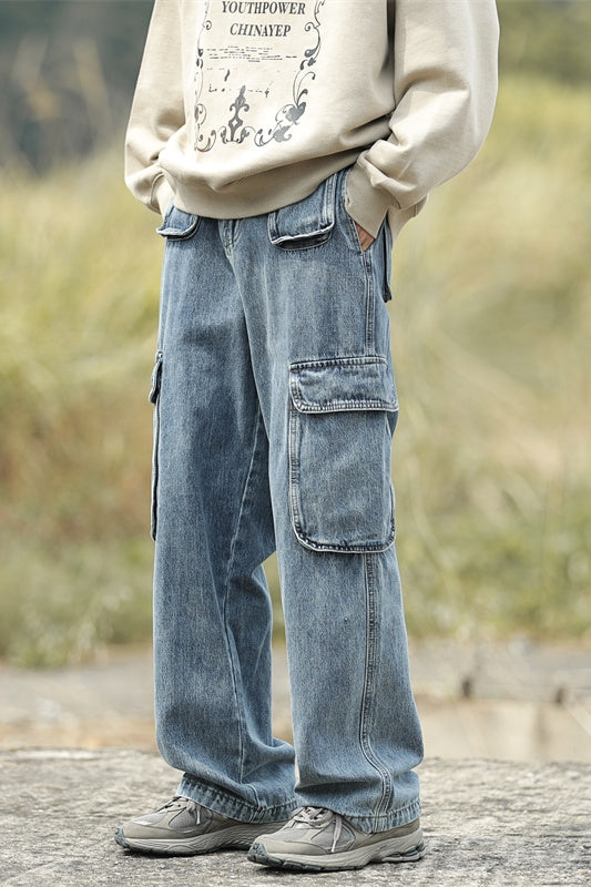 2023 spring new affordable luxury fashion retro jeans men loose straight wide leg pants boutique clothing simple style unique jeans style 3993